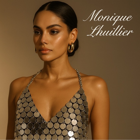 Monique Lhuillier Metallic Silver Chainmail Halter Top Luxury Showgirl Medium - Picture 4 of 9